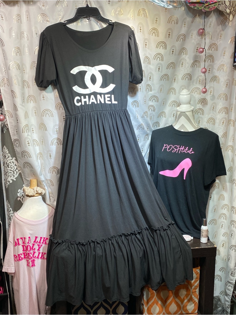 Black Logo Maxi Dress with Puff Sleeves - CHANEL Style. Up cycled